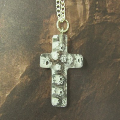 Glass cross silver chain