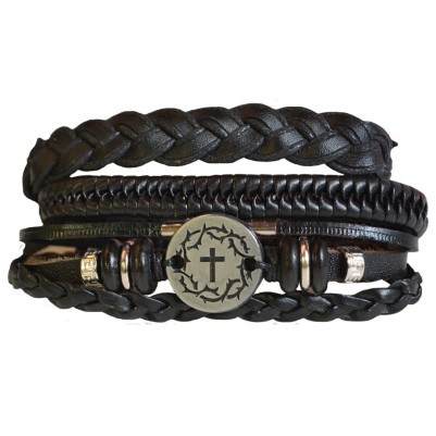 Bracelet Set Leather Crown Cross 3Pk